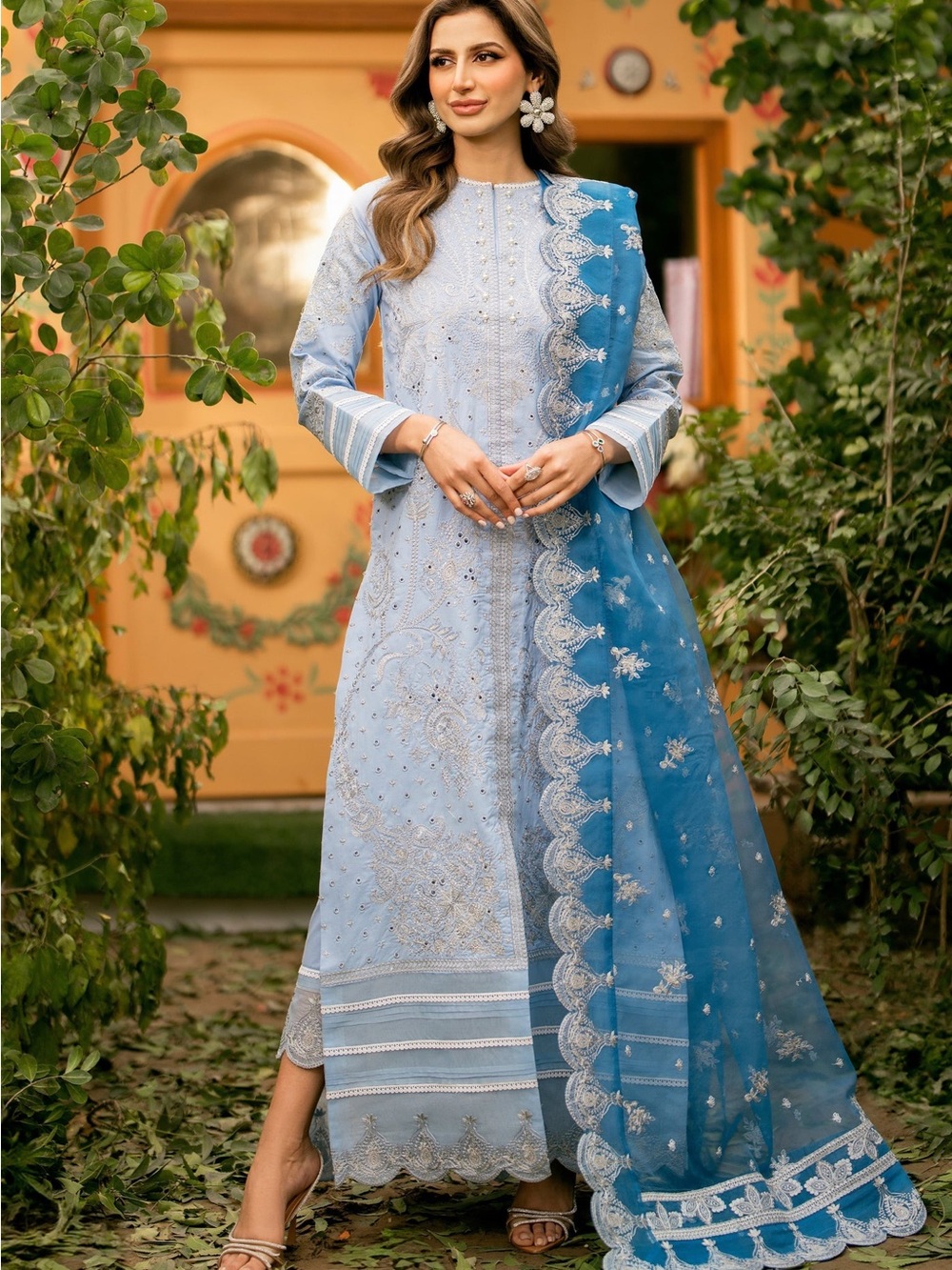 MARYUM & MARIA Light Blue Embroidered Long Nightshirt - Women's Intimates LAWN M
